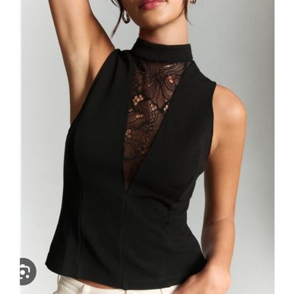 Anthropologie Sheer Lace Mock Neck Sleeveless Shell Tank Top Black Small - Picture 1 of 8
